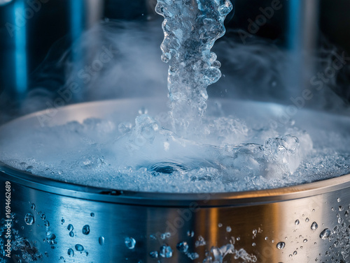 Water pouring into a metal container, creating steam and bubbles.