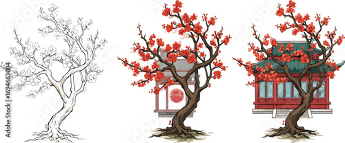 Blossoming tree with traditional Asian temple, oriental cherry blossom illustration, ancient architecture with red flowers, seasonal nature artwork