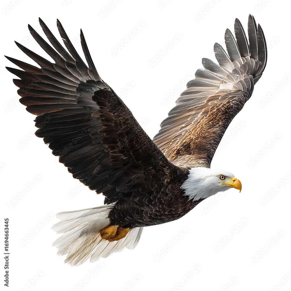 Obraz premium isolated bald eagle mid flight, wings fully extended, sharp beak detail, transparent background, stock PNG, textured grain