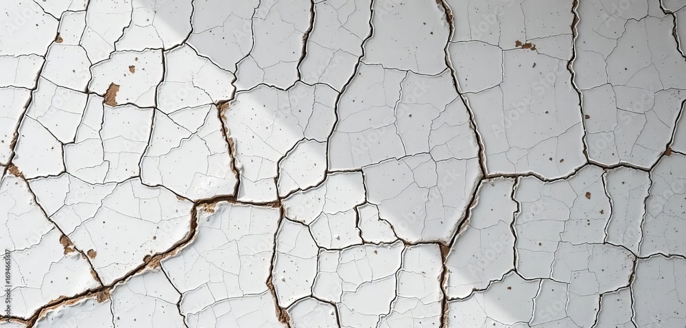 Fototapeta premium Cracked, aged white ceramic surface with distressed texture, background, worn