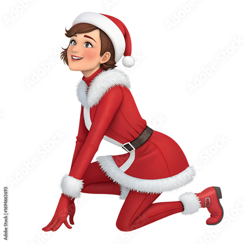 3d cartoon woman in red Santa outfit kneeling female