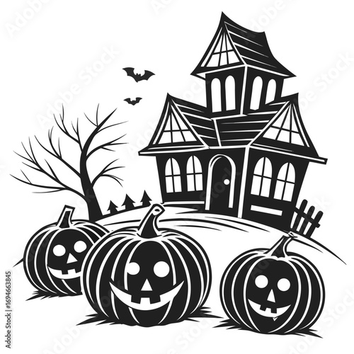 Spooky Halloween Scene Vector with Haunted House 

