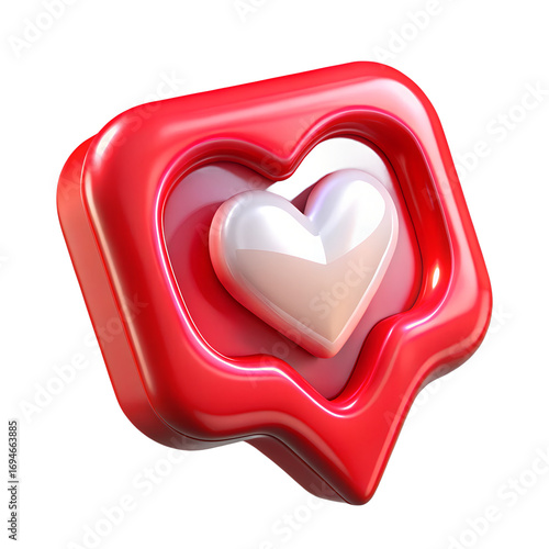 3d glossy red chat bubble with white heart speech bubble