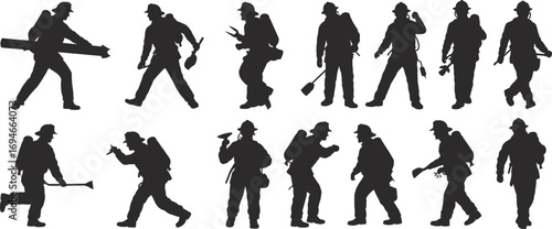 Silhouettes of firefighters walking, working with tools, emergency equipment, safety helmet, holding gear, rescue action, fire protection, vector illustration
