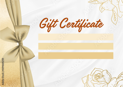 Gift certificate or voucher template with elegant design, decorative ribbon and bow, festive background, blank space for text or logo, suitable for holidays, sales, special offers, and promotional