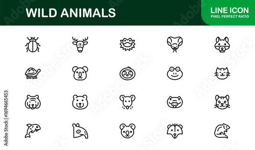 Wild Animals Line Icon Set – Professional Minimal Vector Illustrations for Nature and Wildlife Enthusiasts