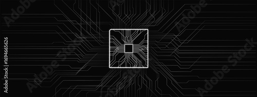 A high-tech microchip is centered in a visually striking design against a black background. Surrounding circuits radiate outwards, illustrating modern electronic technology in detail.