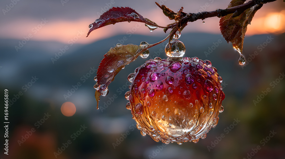 Obraz premium A big apple with dew drops, made of diamond hung on ranch in a beautiful dawn,in the background beautifu valleys. glass transparen apple