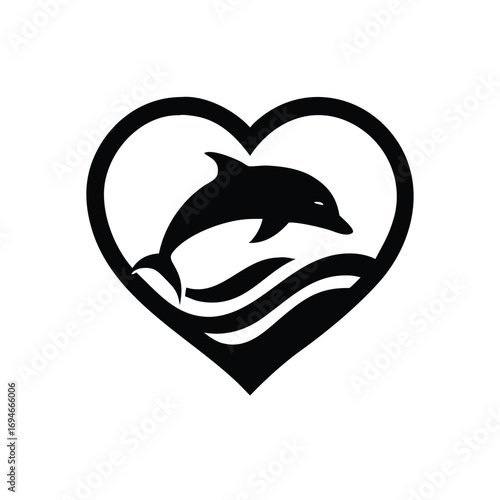 Dolphin inside heart wave creative silhouette concept with white background illustration