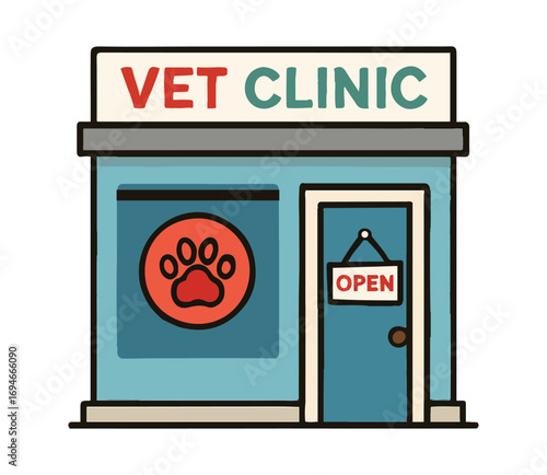 Cartoon Veterinary Clinic Exterior with Open Sign and Paw Logo