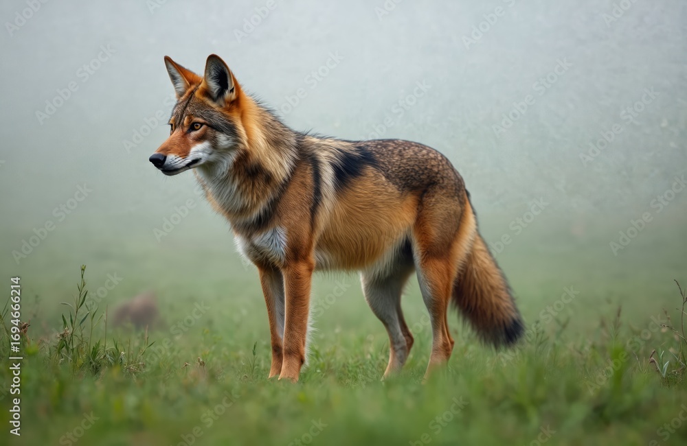 Fototapeta premium Maned wolf stands alert in rich green grass, misty background. This rare canine with distinctive long legs and reddish-brown fur is a solitary predator of the South American cerrado.
