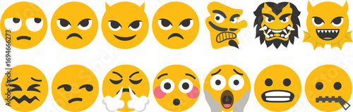 Scary and angry emoji face set with horror, devil, monster, and creepy expressions. Perfect for Halloween, comics, and spooky designs. Unique yellow icons with fear and shock moods.