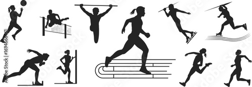 Athlete silhouettes, running, jumping, javelin throw, pole vault, volleyball, sportswoman vector, fitness movement graphic, track and field illustration