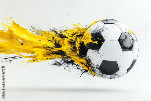 A Borussia Dortmund soccer ball mid-explosion, propelled forward with streaks of yellow and black paint, conveying power and energy against a stark white backdrop.
