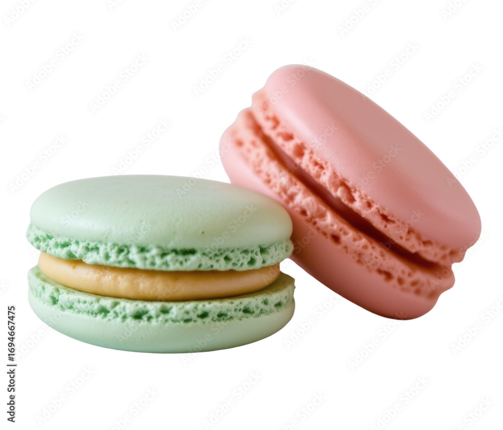 Fototapeta premium Colorful Macarons in Green and Pink with Cream Filling on Display
