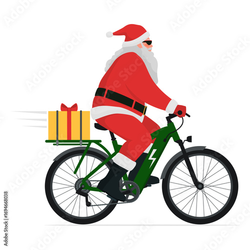 Santa Claus riding and electric bike and delivering Christmas gifts