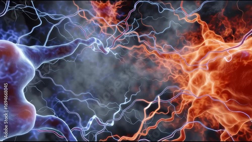 Vibrant Neural Connections in Blue and Red Colors Depicting Dynamic Energy and Movement Against a Dark Background.Animation loop concept