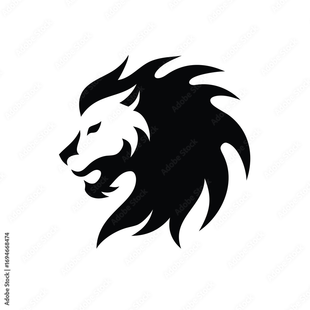 Obraz premium Lion head merged with flame artistic silhouette design with clean white background illustration