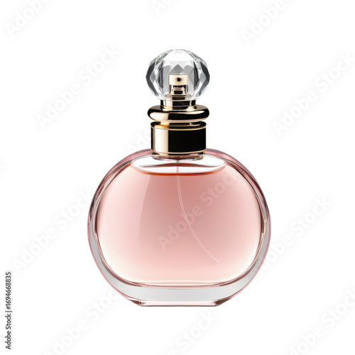 Elegant round perfume bottle with crystal cap and pink liquid