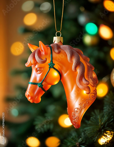 Close-Up of Horse Ornament on Ornamented Christmas Tree with Festive Lights