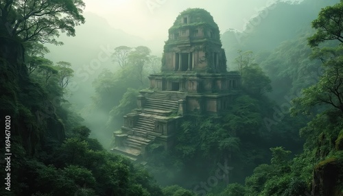 Fototapeta Naklejka Na Ścianę i Meble -  Ancient stone temple ruin overgrown with green jungle vegetation. Misty atmosphere surrounds mysterious weathered architecture with stone steps leading upwards. Serene landscape evokes history,