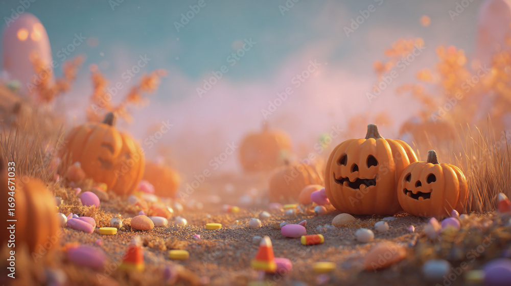 Naklejka premium Smiling jack-o-lantern pumpkins with Halloween candy in misty autumn field