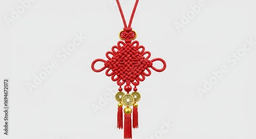 Red Chinese knot pendant w gold coins  tassels centered on a white backdrop