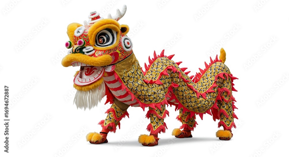 Fototapeta premium A colorful ornate Chinese dragon costume stands on a white background