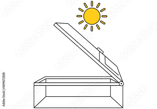 Flat outline of solar oven box with sun icon, PNG, no shadows