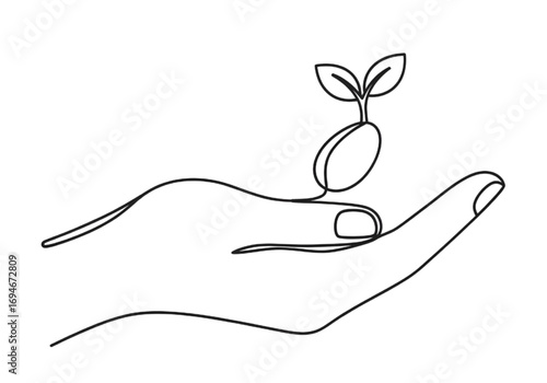 Simplified hand holding sprouting seed, one line icon, white background, no shadows
