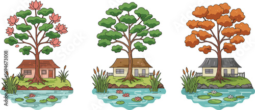 Seasonal house by pond with tree, cartoon landscape illustration featuring lotus flowers, lily pads, nature scenery, rural countryside view