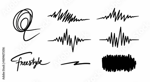 Doodle sound wave and sketch audio line symbols for abstract music decoration, vector design, and creative graphic elements.