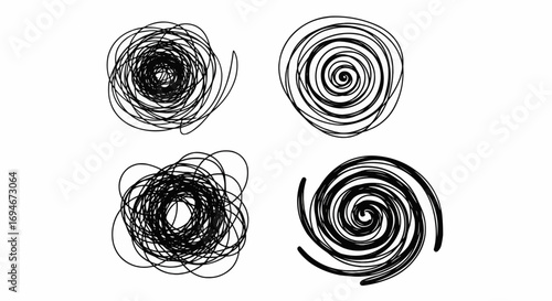 Vector doodle spiral and circular scribbles for creative sketch design, abstract art decoration, and modern pattern elements.