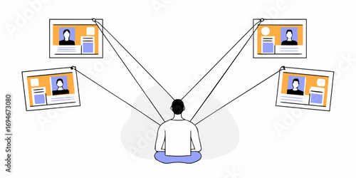 A person appears to be contemplating various digital profiles, each connected by lines to their central position.AI