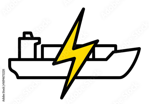 Basic outline of a cargo ship with electric bolt, PNG, no shadows