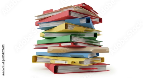 A stack of colorful file folders filled with papers arranged randomly on a white surface