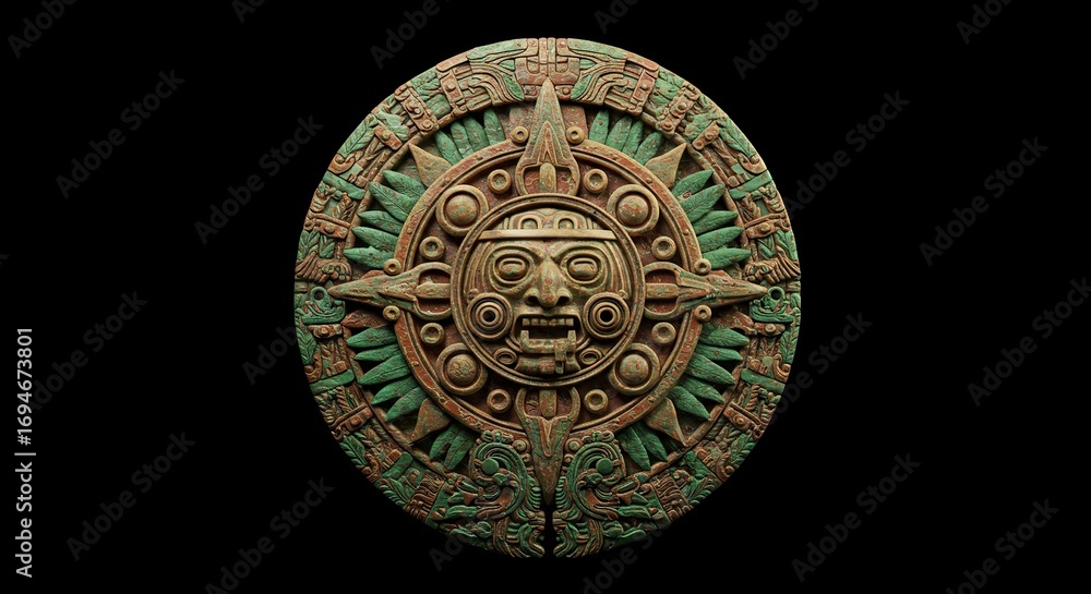 Obraz premium Ancient Aztecstyle stone carving featuring a sun gods face at its center