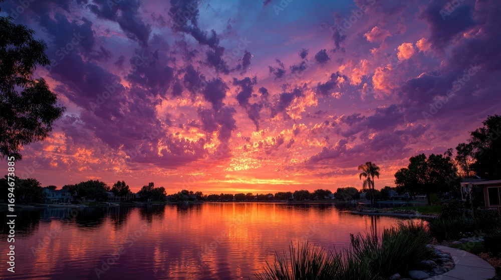 Obraz premium Dramatic sunset over a tranquil lake, vibrant clouds
