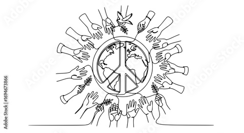 Global harmony concept hands unite around peace symbol world unity with dove and olive branches