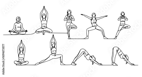 Graceful continuous line art captures diverse yoga poses, inspiring wellness and mindful movement