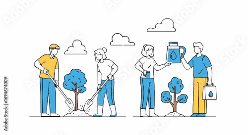 People planting trees and watering saplings symbolizing environmental care and growth