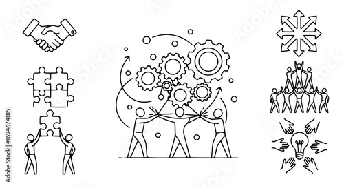 Teamwork collaboration and business success icons creating synergy and innovative ideas for growth