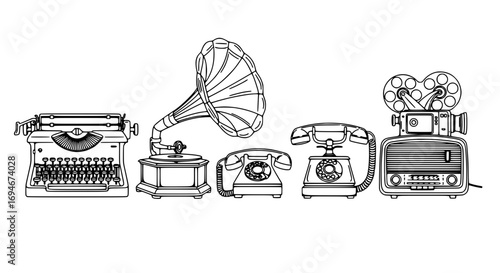 Iconic vintage technology collection featuring typewriter, gramophone, rotary phones, and film projector