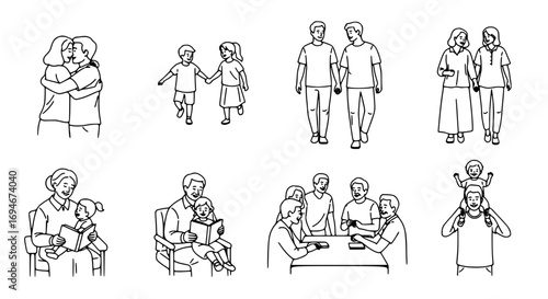 Joyful family moments captured in heartwarming line art celebrating connection and togetherness