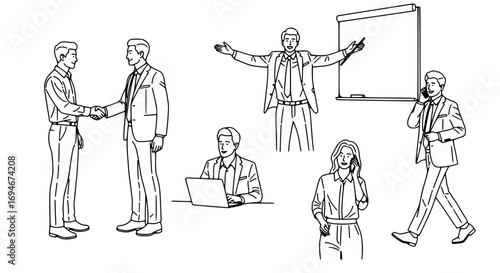 Dynamic professionals collaborate, present, and communicate, embodying modern business success and teamwork.