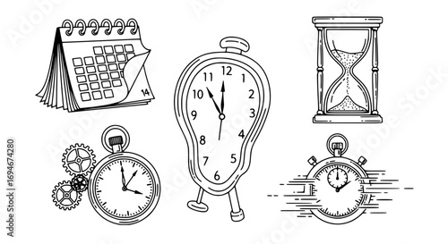 Capture the essence of time with this collection of iconic clocks, hourglass, and calendar imagery