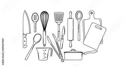 Essential kitchen tools collection for culinary creativity and home cooking preparation
