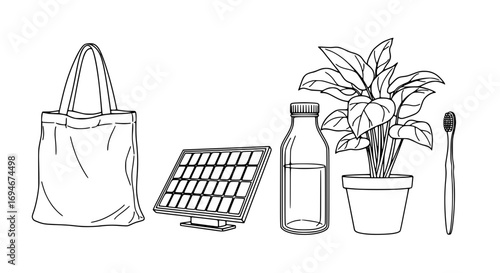 Eco-friendly lifestyle elements including reusable bag, solar panel, water bottle, plant, and toothbrush symbolize sustainability