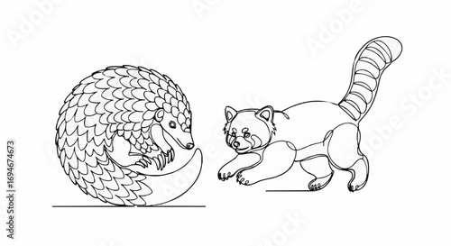 Charming continuous line art of a playful pangolin and a curious red panda interacting