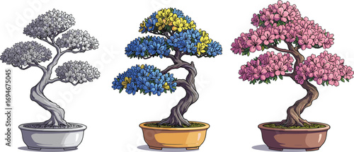 Three colorful bonsai trees in pots with pink, blue-yellow, and grayscale foliage — artistic miniature tree illustration for decor